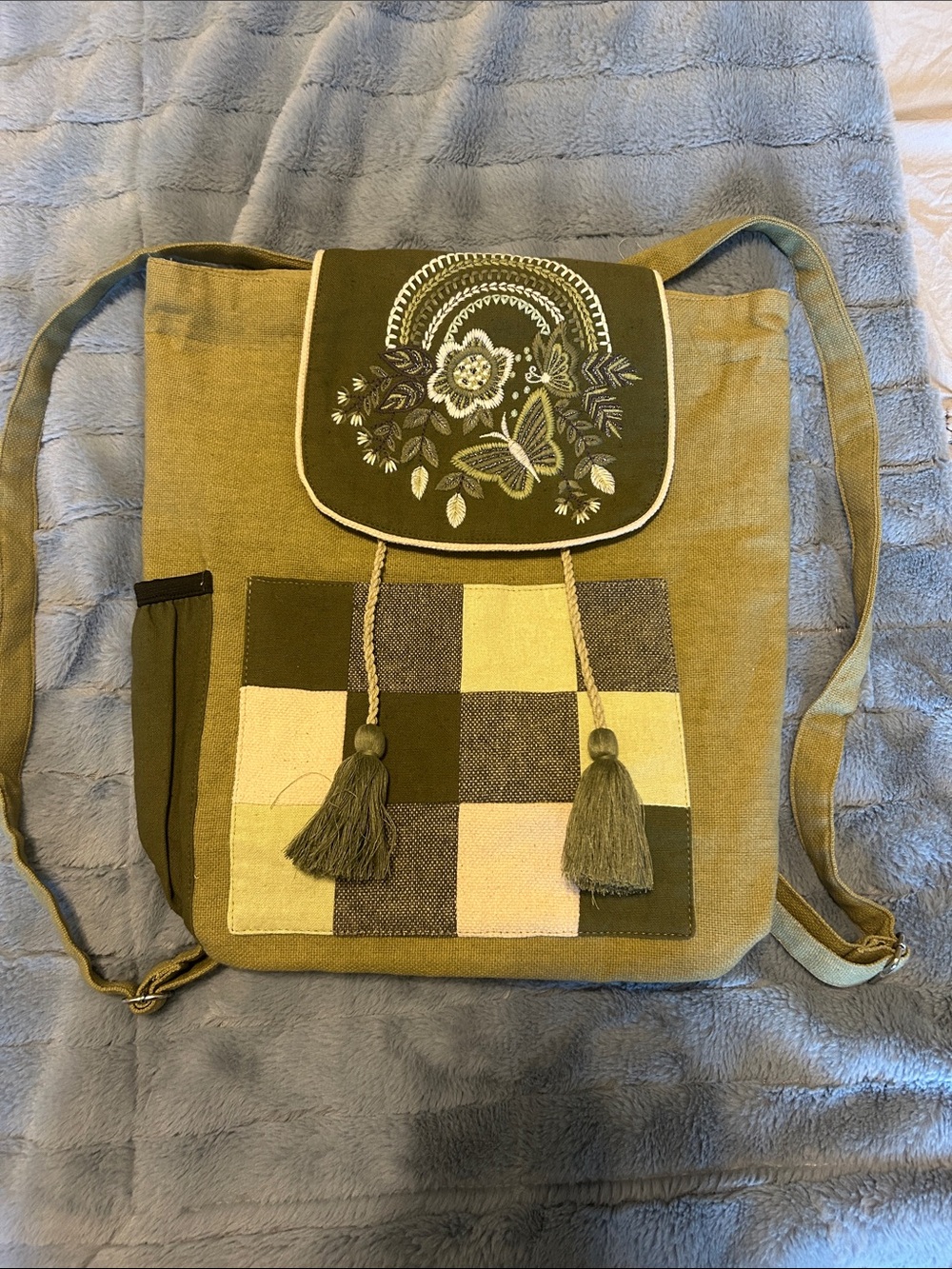 Stylish Olive Green Embroidered Canvas Backpack